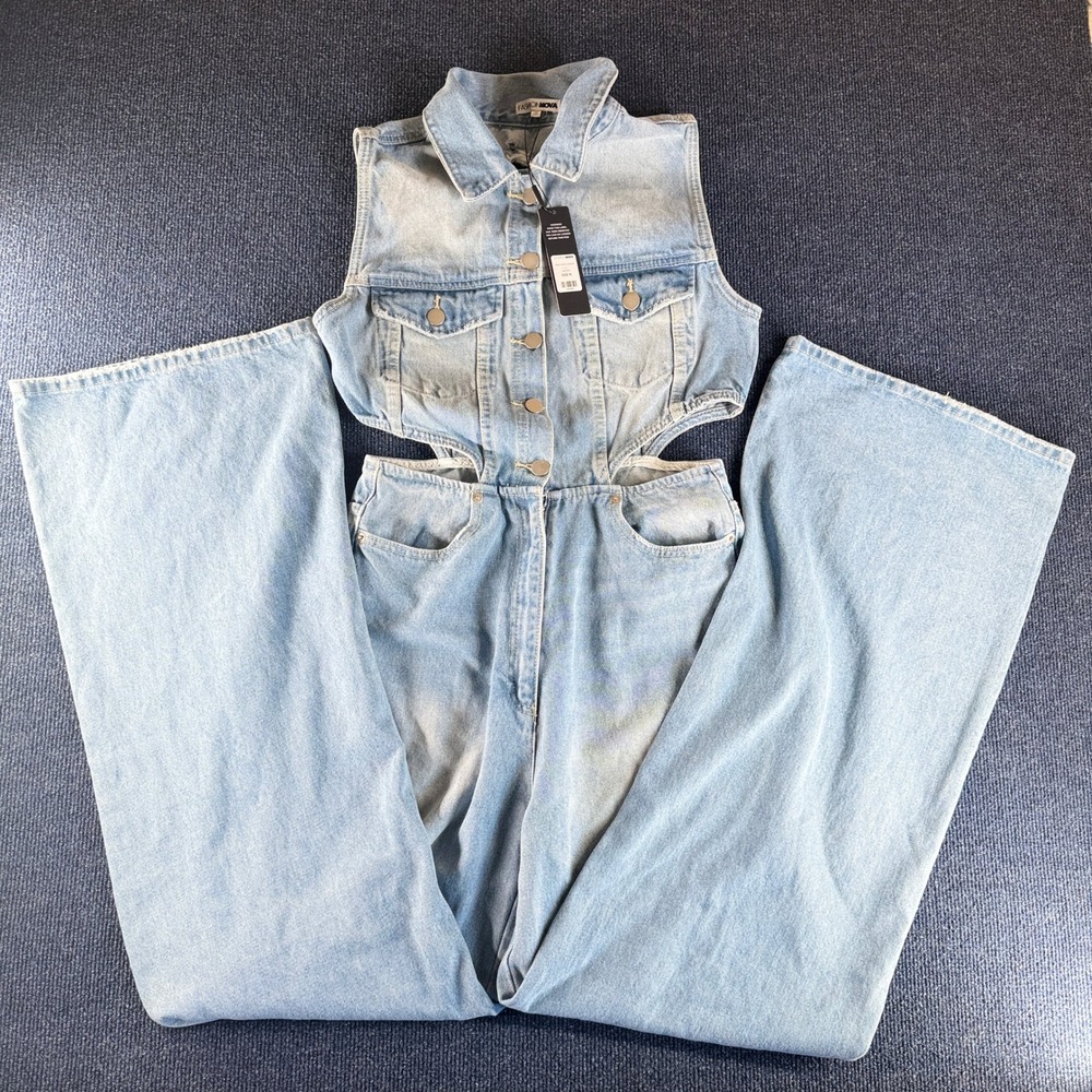 Fashion Nova Light Wash Denim Cutout Jumpsuit